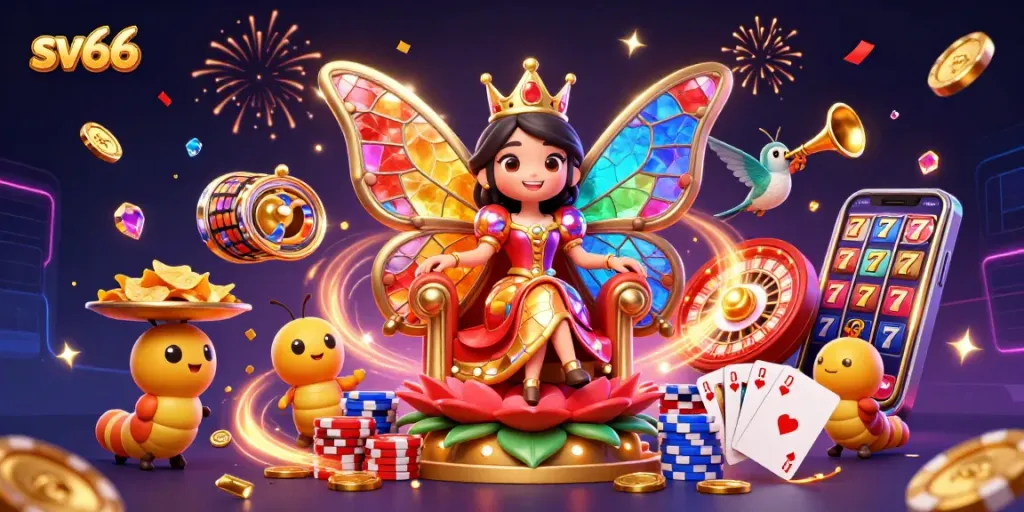 Spin the reels with sv66's vibrant casino illustration featuring a butterfly queen and lively game elements.