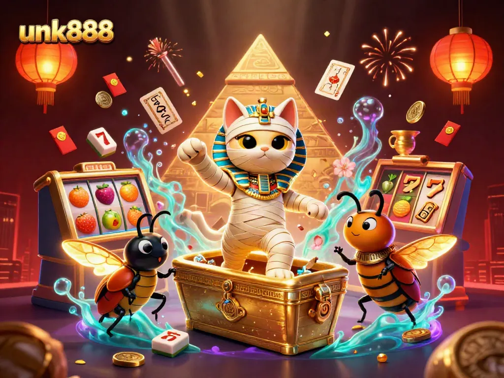 Experience thrilling fun with the unk888 mummy cat in a vibrant casino scene filled with slot machines.