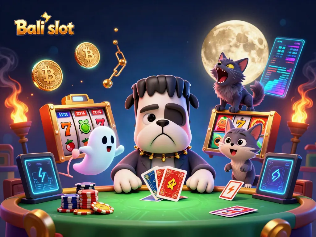 Bali slot gameplay with a unique 3D cartoon scene featuring a Frankenstein bulldog and werewolf kitten.