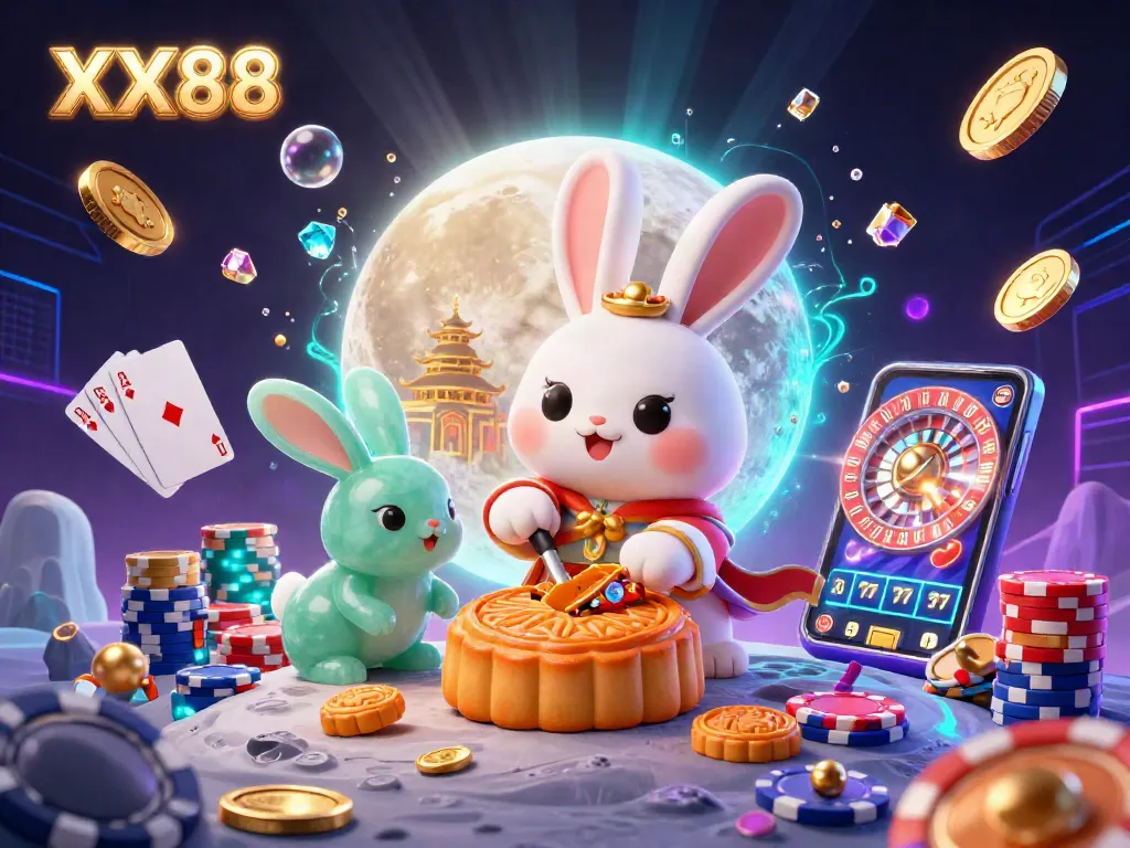 Experience the thrill of XX88 with a captivating 3D illustration of a moon rabbit surrounded by casino gaming elements.