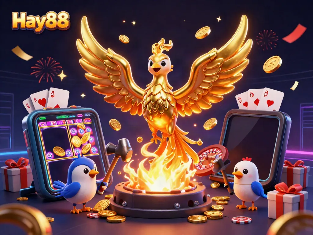 Experience Hay88 thrills with a molten golden phoenix above dynamic casino games and jackpots.