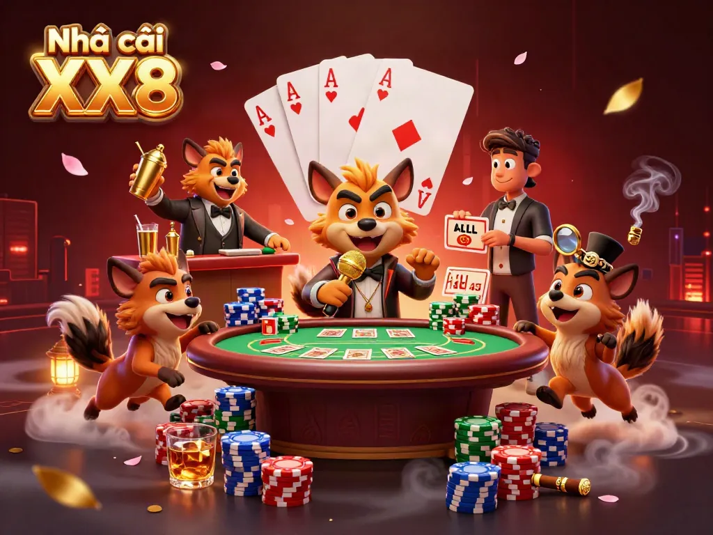 Participate in exciting games at Nhà cái XX8, a vibrant casino club with hyena cartoon characters.