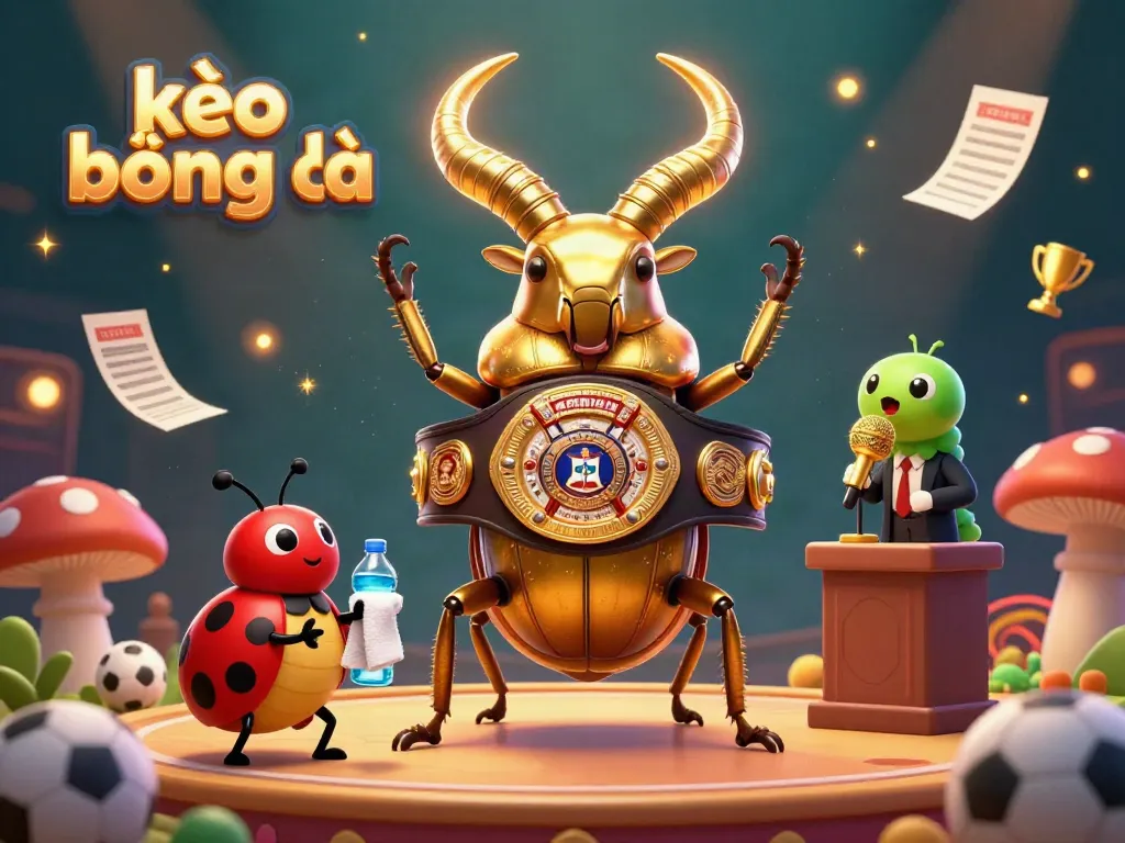 Experience kèo bóng đá excitement with a golden beetle champion and sports betting elements in this dynamic illustration.