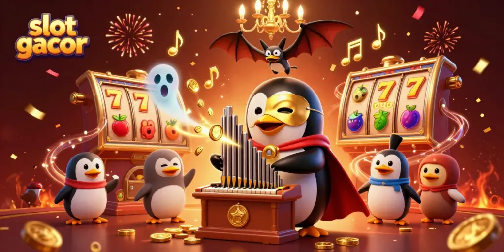 Mengaktifkan slot gacor dengan penguin opera yang memainkan organ dengan koin keemasan meluncur.