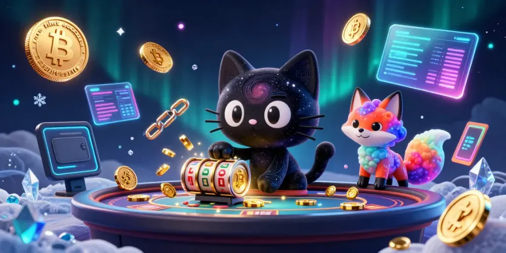Engage in slots that accept credit cards at a cosmic casino with floating game elements and colorful characters.