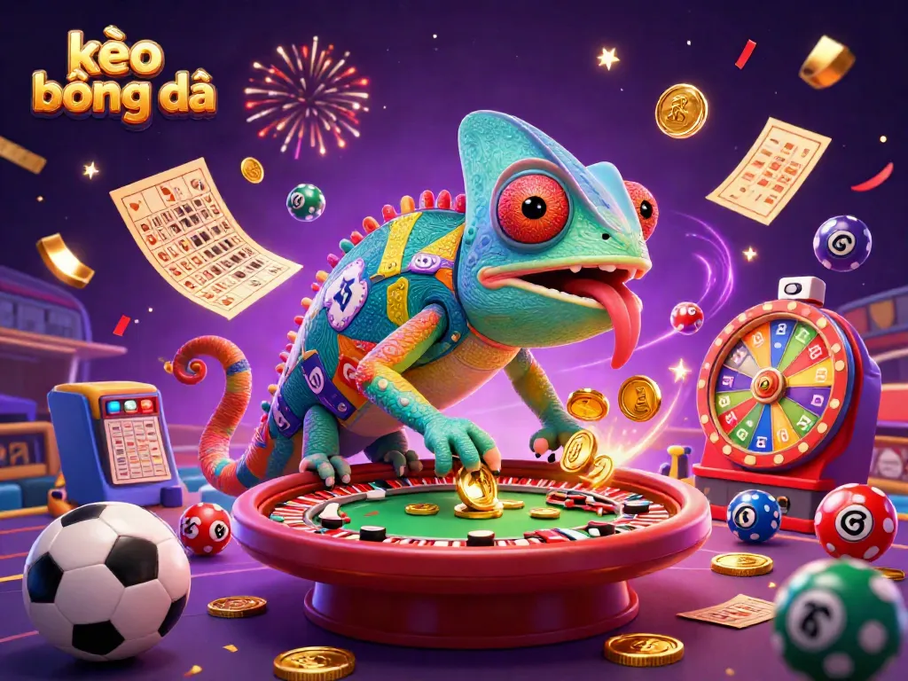 Experience the excitement of kèo bóng đá with our vibrant chameleon casino owner surrounded by sports betting elements.