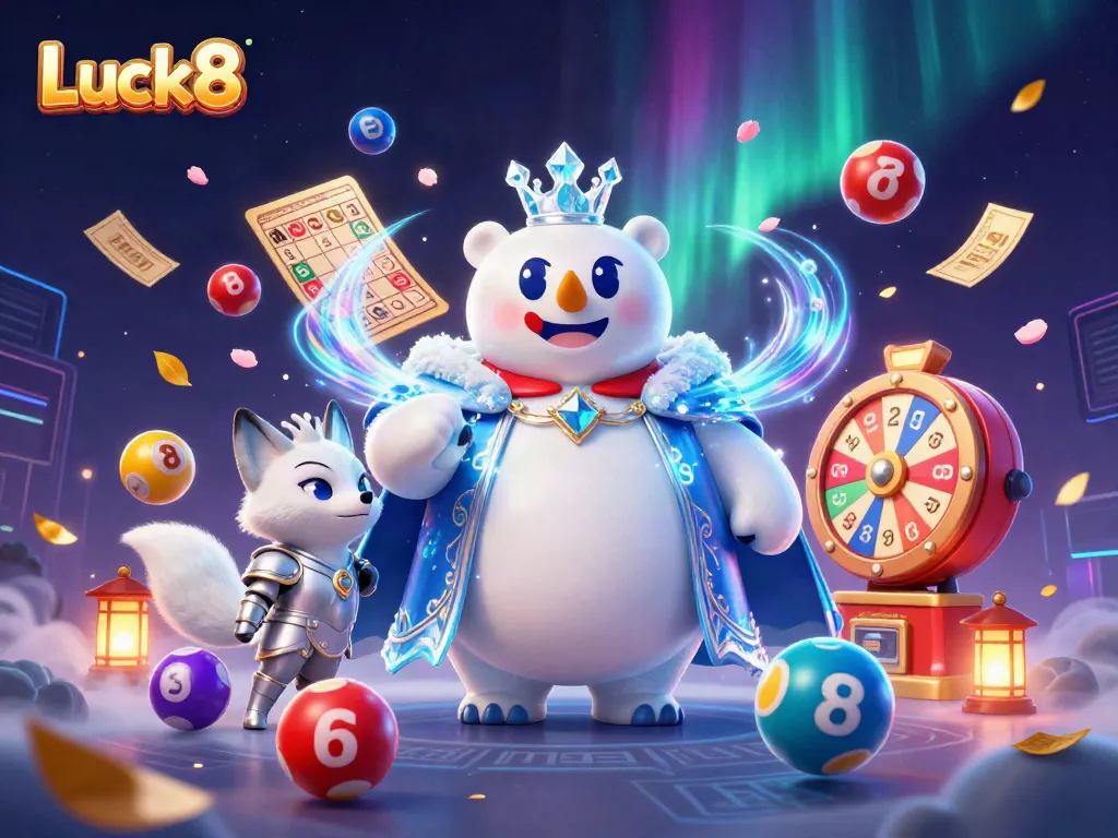 Experience Luck8's vibrant gambling universe with a polar bear king, fox companion, and dynamic lottery elements.