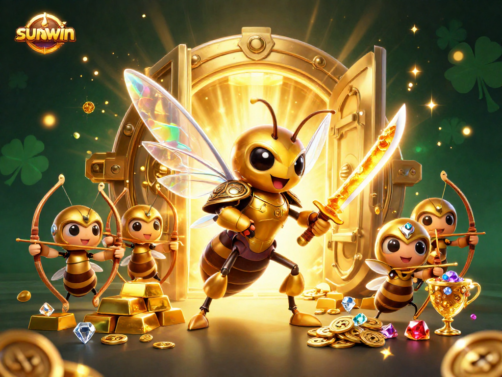 Win prizes with sunwin in a vibrant, detailed 3D casino illustration featuring a giant hornet and treasure elements.