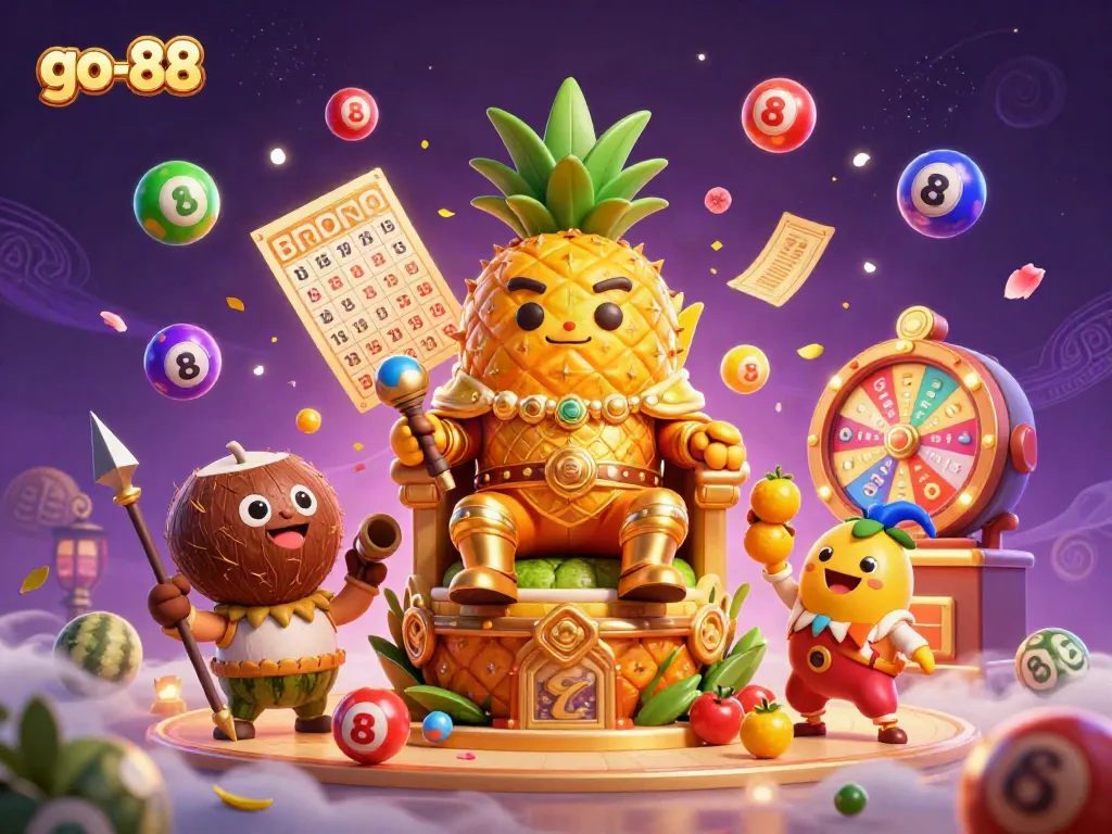 Experience vibrant gaming energy at go-88 with golden characters, dynamic lottery balls, and exciting casino elements.