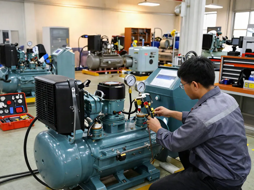 Technician adjusting an air compressor pressure switch in an industrial workshop.