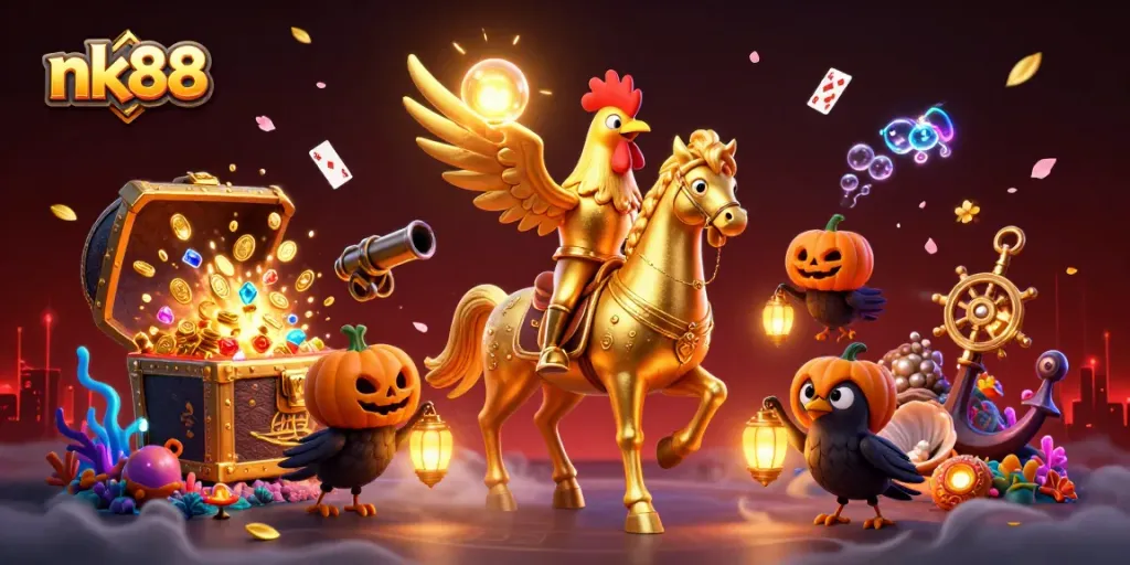 Experience thrilling gameplay with nk88 at a vibrant casino scene featuring a golden rooster.