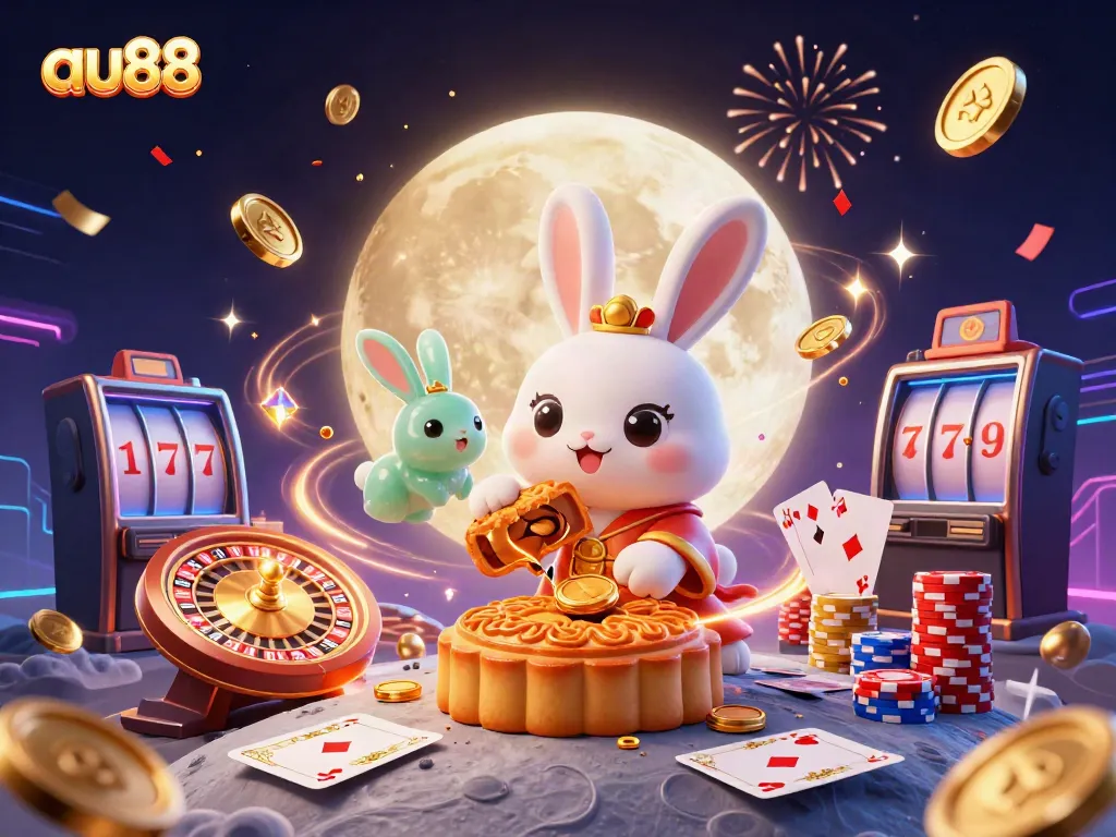 Engage with exciting gambling experiences at au88 with a moon rabbit illustration featuring vibrant casino elements.