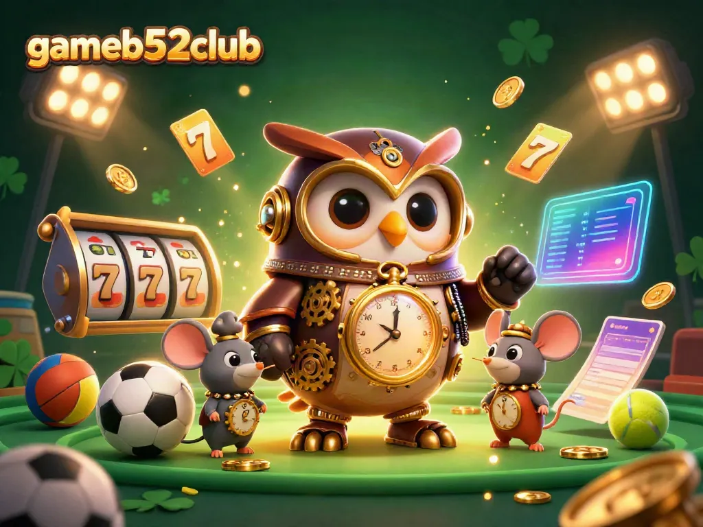 Engage with the vibrant 3D world of gameb52club as an owl time-traveler explores thrilling casino adventures.