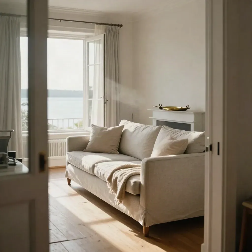 Staged bay-front living room with linen sofa, open sash windows, and morning light.