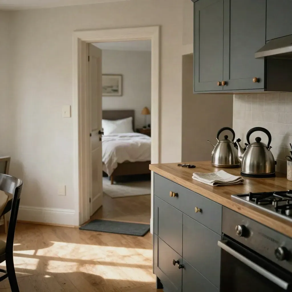 Compact one-bed flat kitchen-diner with bed visible, boot tray, and keys on the counter