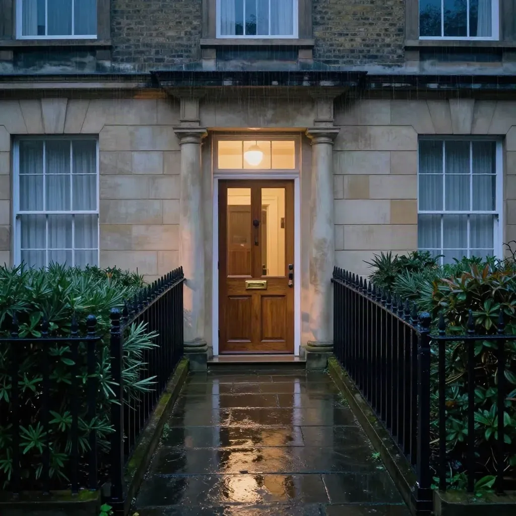 Wet Georgian townhouse front at dusk with open glowing door and rain-dark path