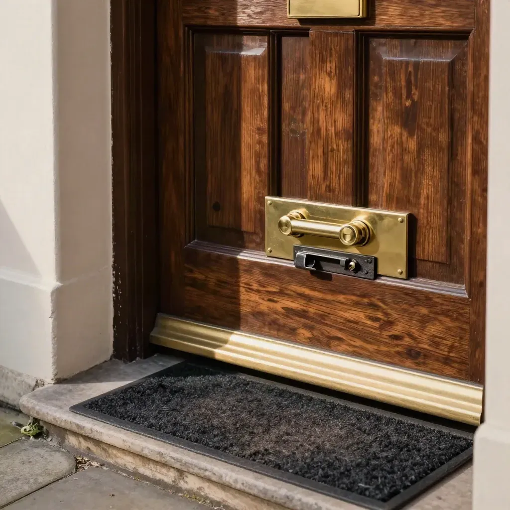 Refurbished front entry hardware with a renewed deadbolt, spare cylinder, and coir mat