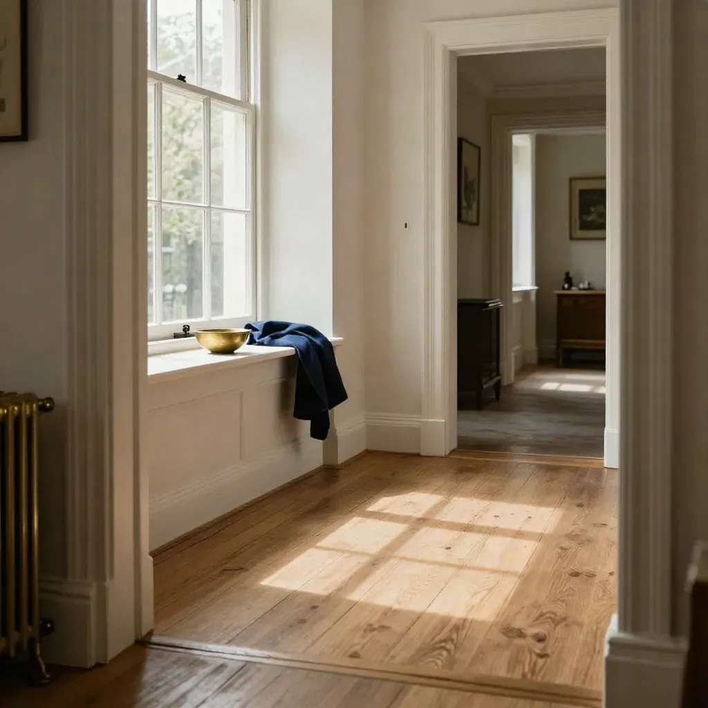 Sunlit empty Croydon flat with oak floors and a brass key bowl by the window.