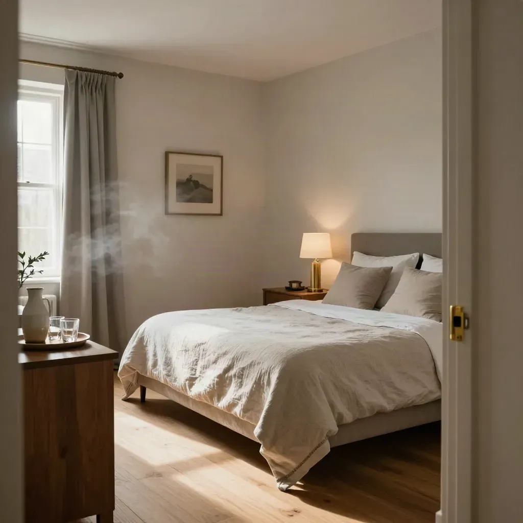 Empty Woking maisonette bedroom with made bed, linen cushions, and welcome tray
