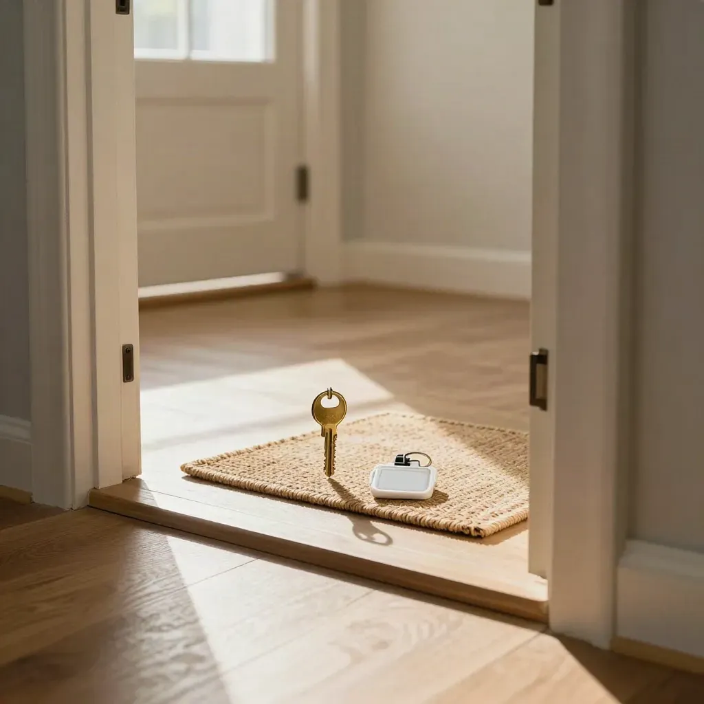 Brass keys and a blank fob on a welcome mat by an open door in a bright hallway.