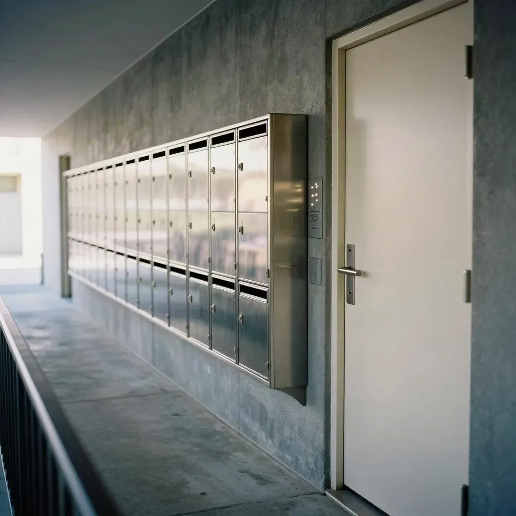 Empty block corridor with polished mailboxes, fire door, and intercom in cool daylight.