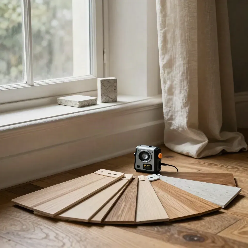 Bay-window valuation setup with oak swatches, stone blocks, and a laser meter in soft daylight.