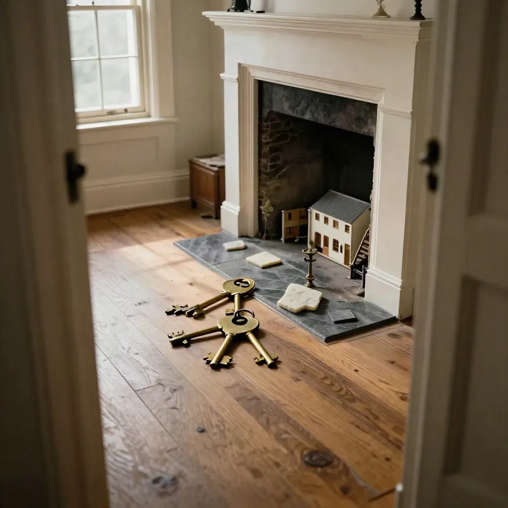Empty probate-sale sitting room with keys, stone samples and a miniature room model by the hearth.