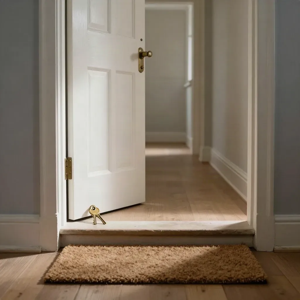 Bromley entry hall with brass keys, blank meter cupboard door and spotless doormat at the threshold.
