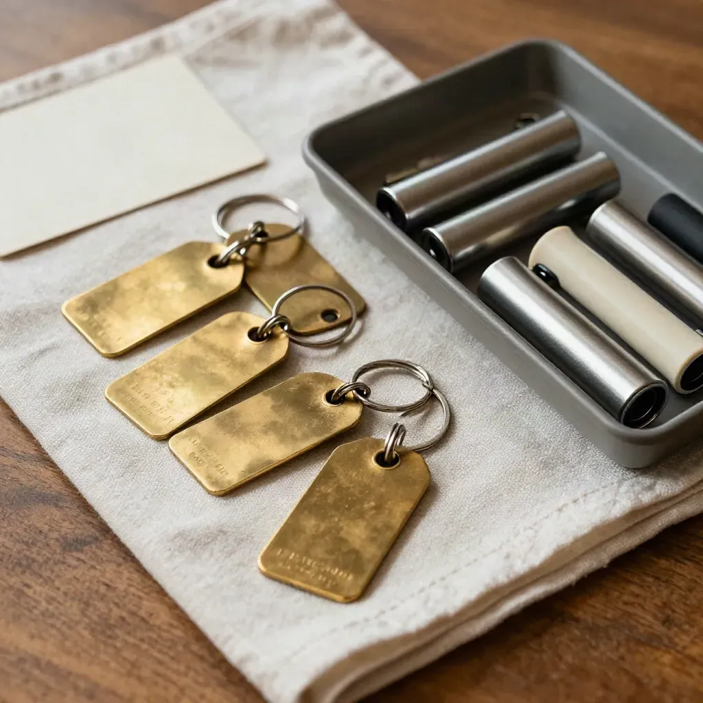 Key tags, spare cylinders and fobs arranged on pale linen for lettings handover.
