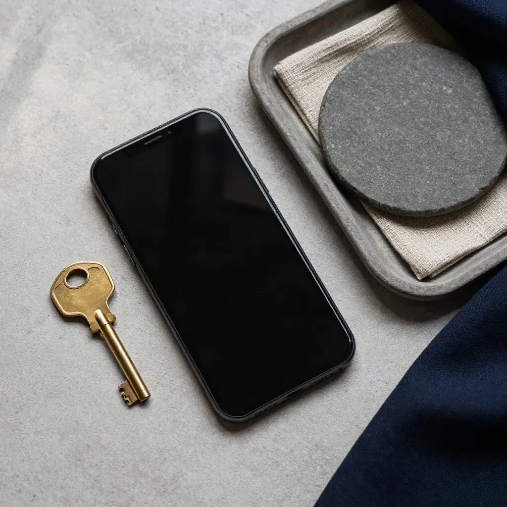 Overhead still life of phone, key, stone disk and linen tray on concrete.