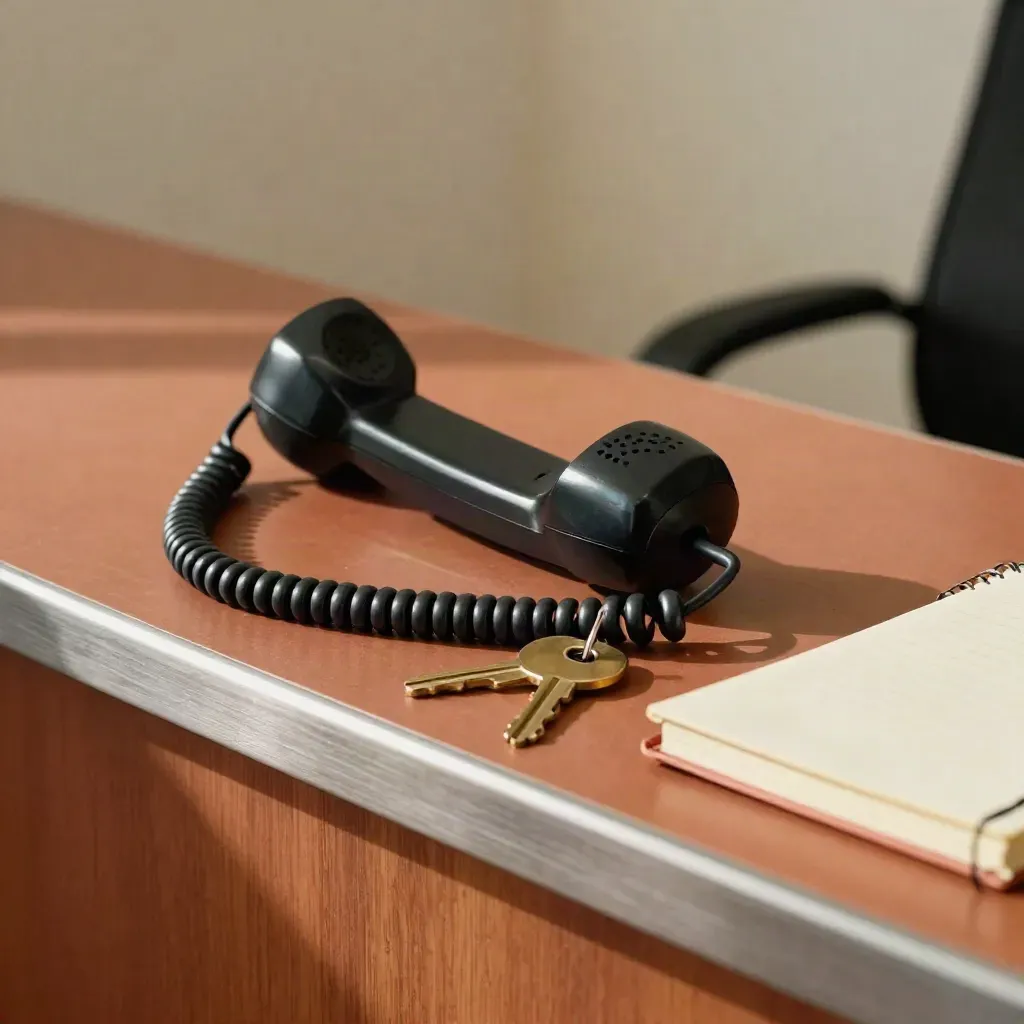 Corded handset, spare keys and closed notebook on a warm reception desk in soft daylight.
