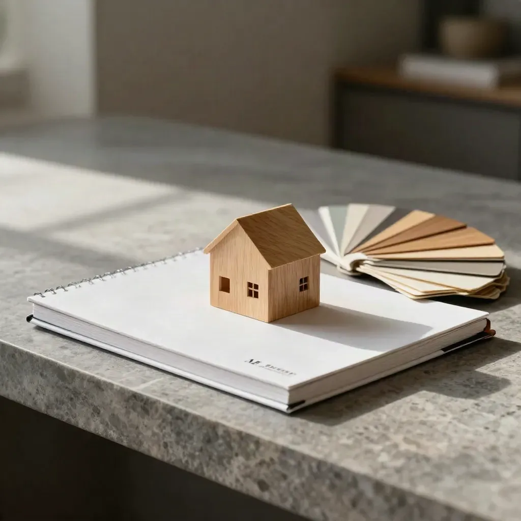 Slate notebook, oak house block, and swatch fan on a stone desk in soft window light.