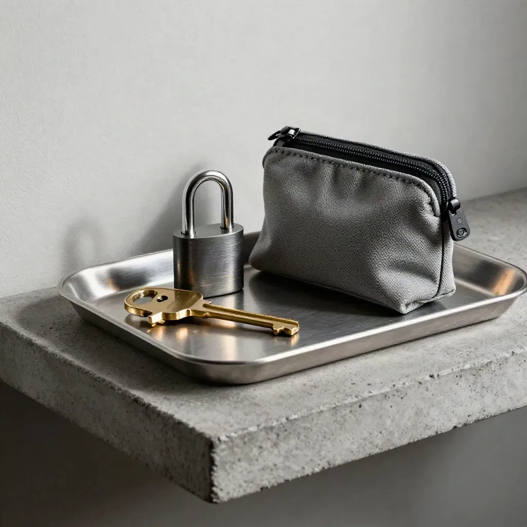 Brass keys, lock cylinder, and maintenance pouch on a brushed metal tray