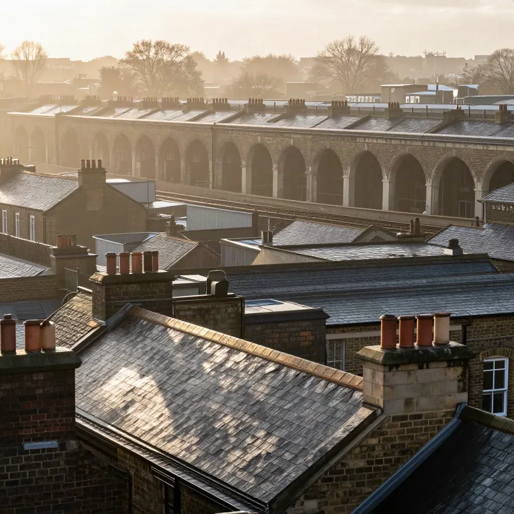 Sunrise haze over South London brick terraces, railway arches and rooftop lines from a hillside edge.