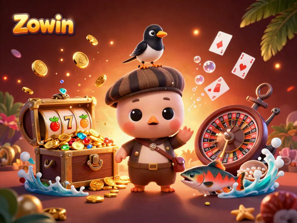 Zowin slots illustration featuring Nessie, a magpie, and tartan salmon in a dynamic casino theme.
