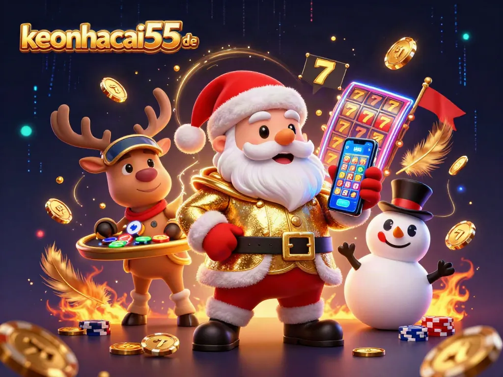 Experience thrilling jackpots while engaging with keonhacai55 de's animated casino scene featuring Santa, reindeer, and snowman.