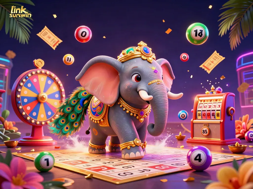 Engage with link sunwin amidst a vibrant 3D illustration of a cartoon elephant and peacock surrounded by dynamic casino game elements.
