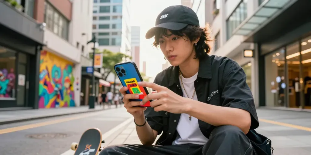 Fashionable individual showcasing rokok88 merchandise in a vibrant urban setting with street art.