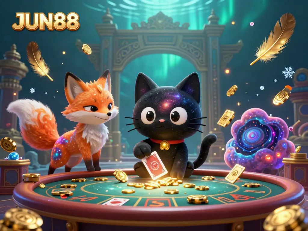 Experience dynamic casino action with JUN88 as a black hole cat draws in chips at a cosmic gaming table.