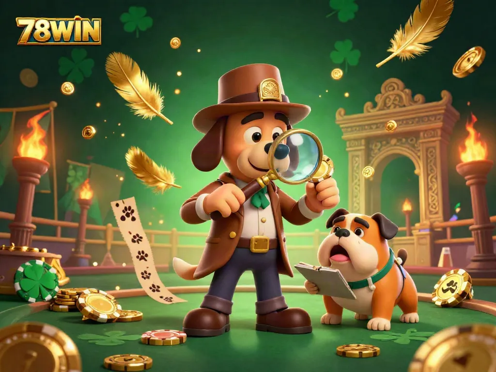 Engage in thrilling gameplay with 78WIN as a bloodhound detective solves a mystery in a vibrant casino scene.