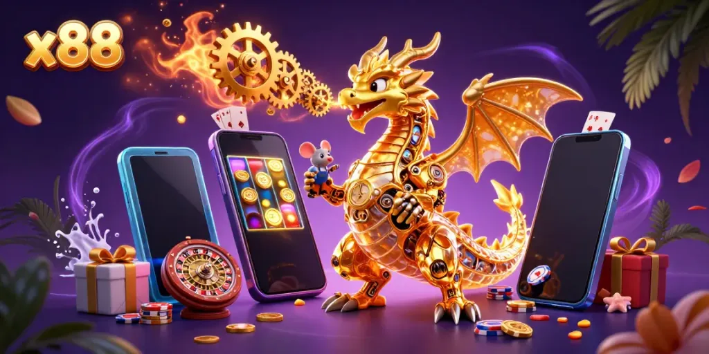 x88 gaming scene featuring a golden dragon and engineer amidst dynamic casino elements.
