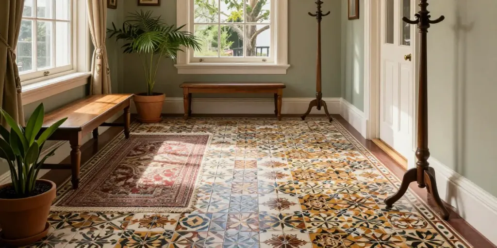 Victorian floor tiles showcasing intricate patterns in a cozy hallway.