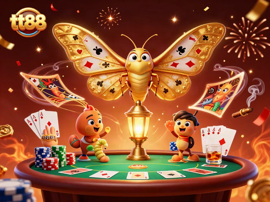 Join the excitement at tt88 with a vibrant casino scene featuring poker elements and a stunning moth!