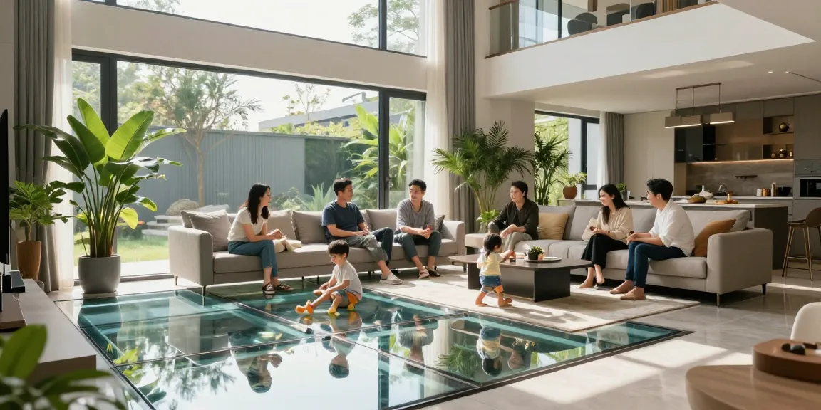 Architectural glass flooring in a modern living room with family interacting, showcasing elegance and natural light.