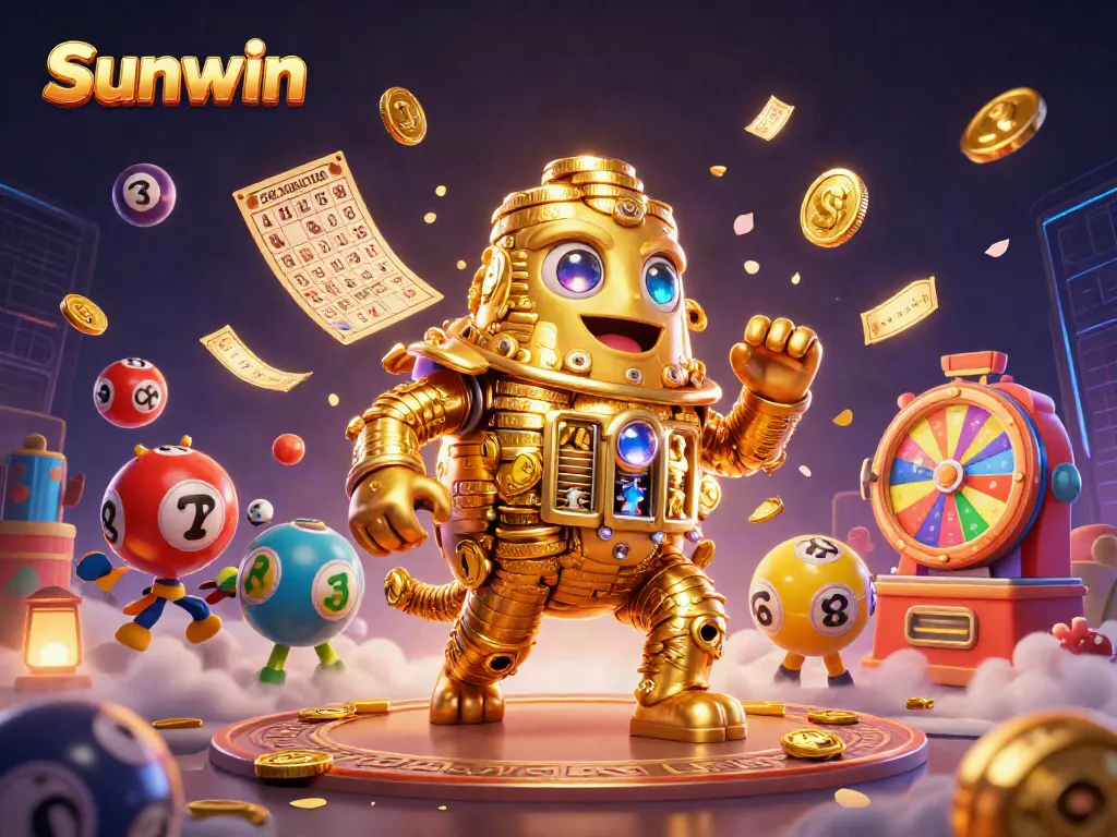 Engage in thrilling gameplay with Sunwin, featuring vibrant lottery elements and a gold coin golem.