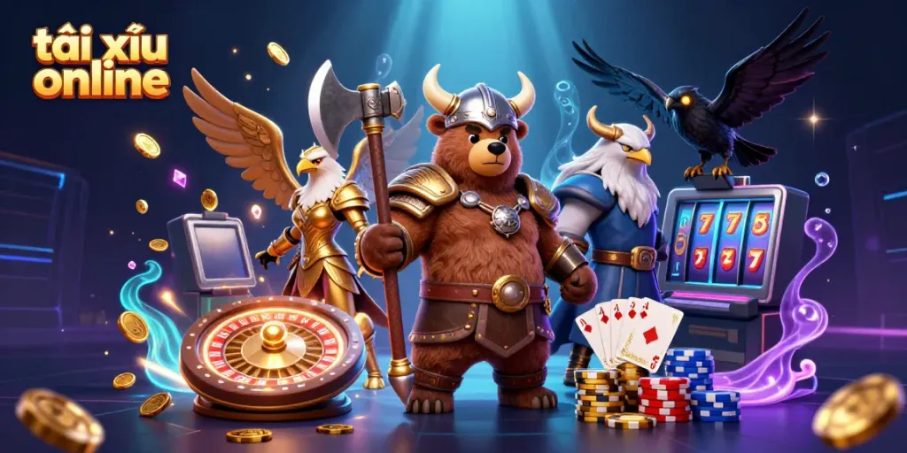 Experience exciting tài xỉu online action with a vibrant scene of characters, coins, and casino elements.