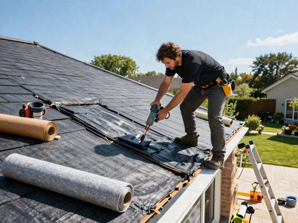 Expert performing felt roof replacement with modern techniques and tools, showcasing vibrant home improvement.