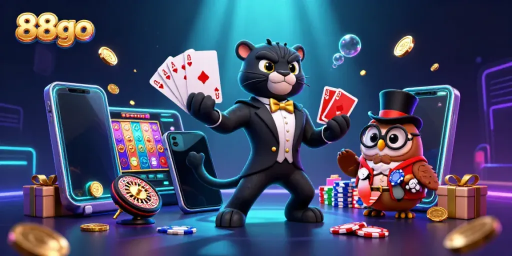 Engage with 88go as a stylish panther deals cards in this vibrant, luxurious casino scene.