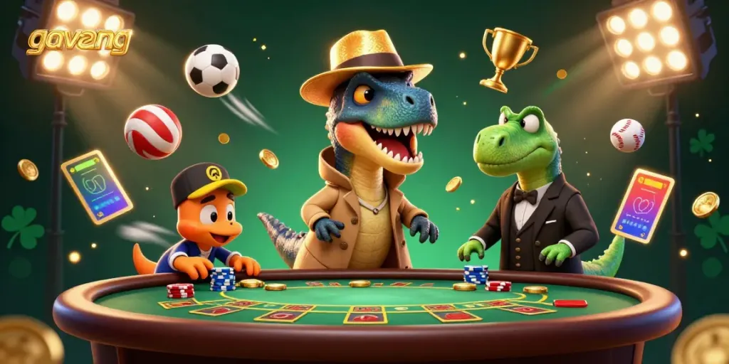 Gavang showcases an entertaining scene of a velociraptor engaging in blackjack while evading a suspicious stegosaurus.