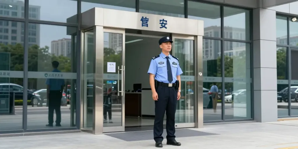 Security Guard ensuring safety at a local business entrance.